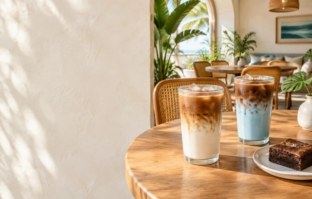 Illustrative café photograph of layered iced lattes and a brownie in a bright coastal café