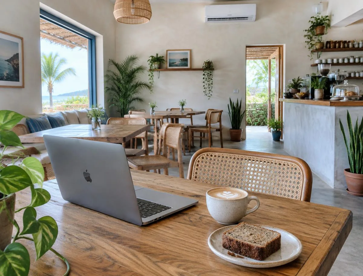 Illustrative cozy café interior with air conditioning, wooden tables, a laptop and coffee