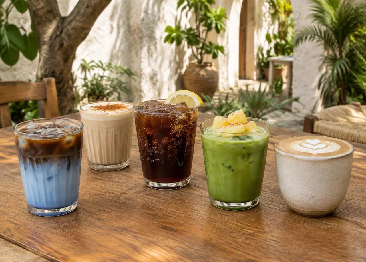 Illustrative photograph of five house-style drinks: blue latte, cinnamon latte, cold brew, pineapple matcha and oat latte