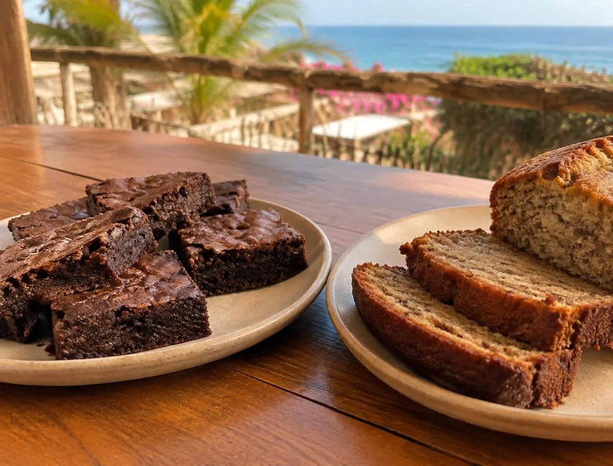 Homemade brownies and banana bread on simple plates