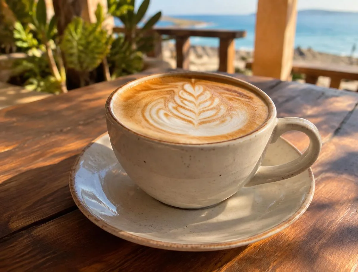 Latte art cappuccino on a wooden café table