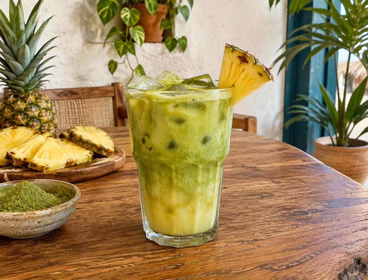 Iced pineapple matcha in a clear glass