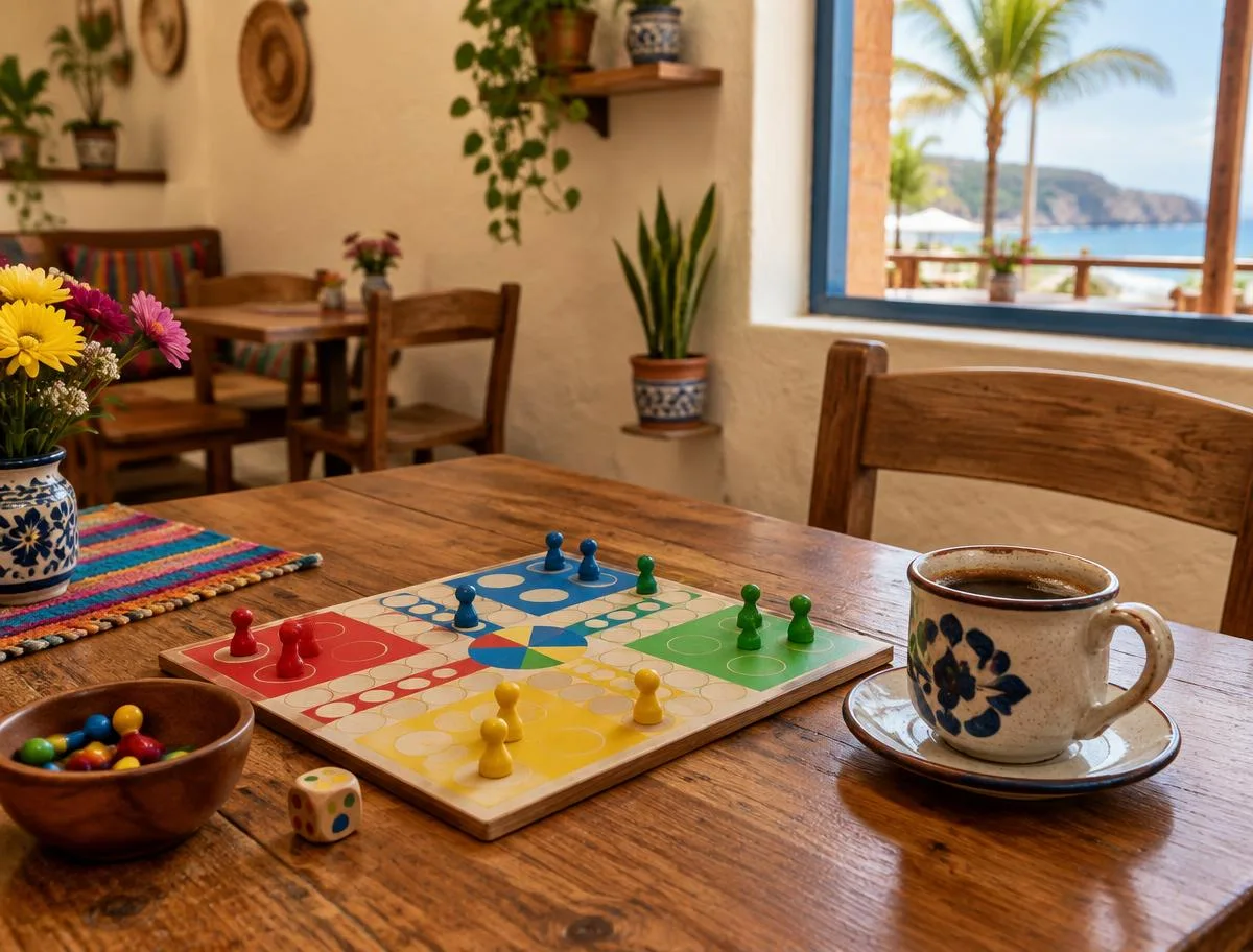 Children’s board games and a coffee on a small café table