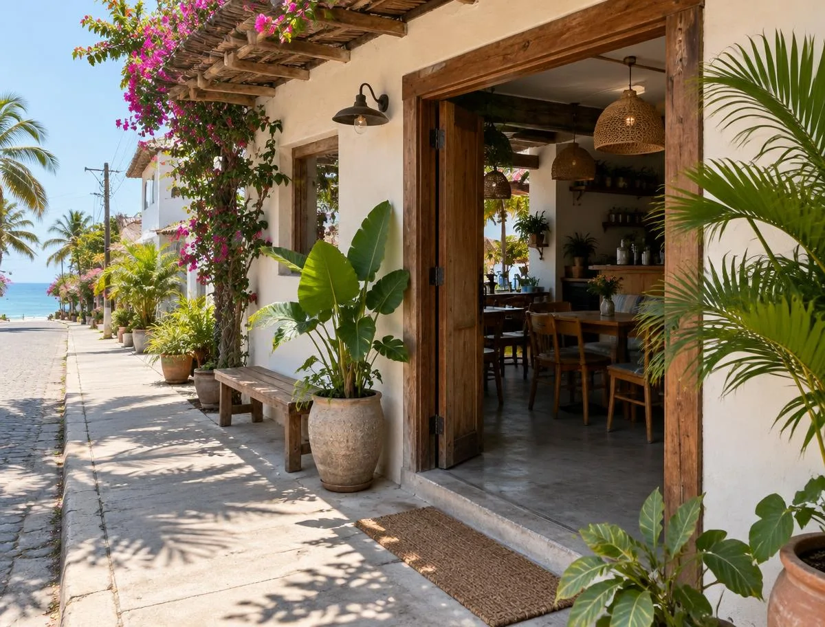 Sunny Mexican coastal street with an inviting café entrance; illustrative photo